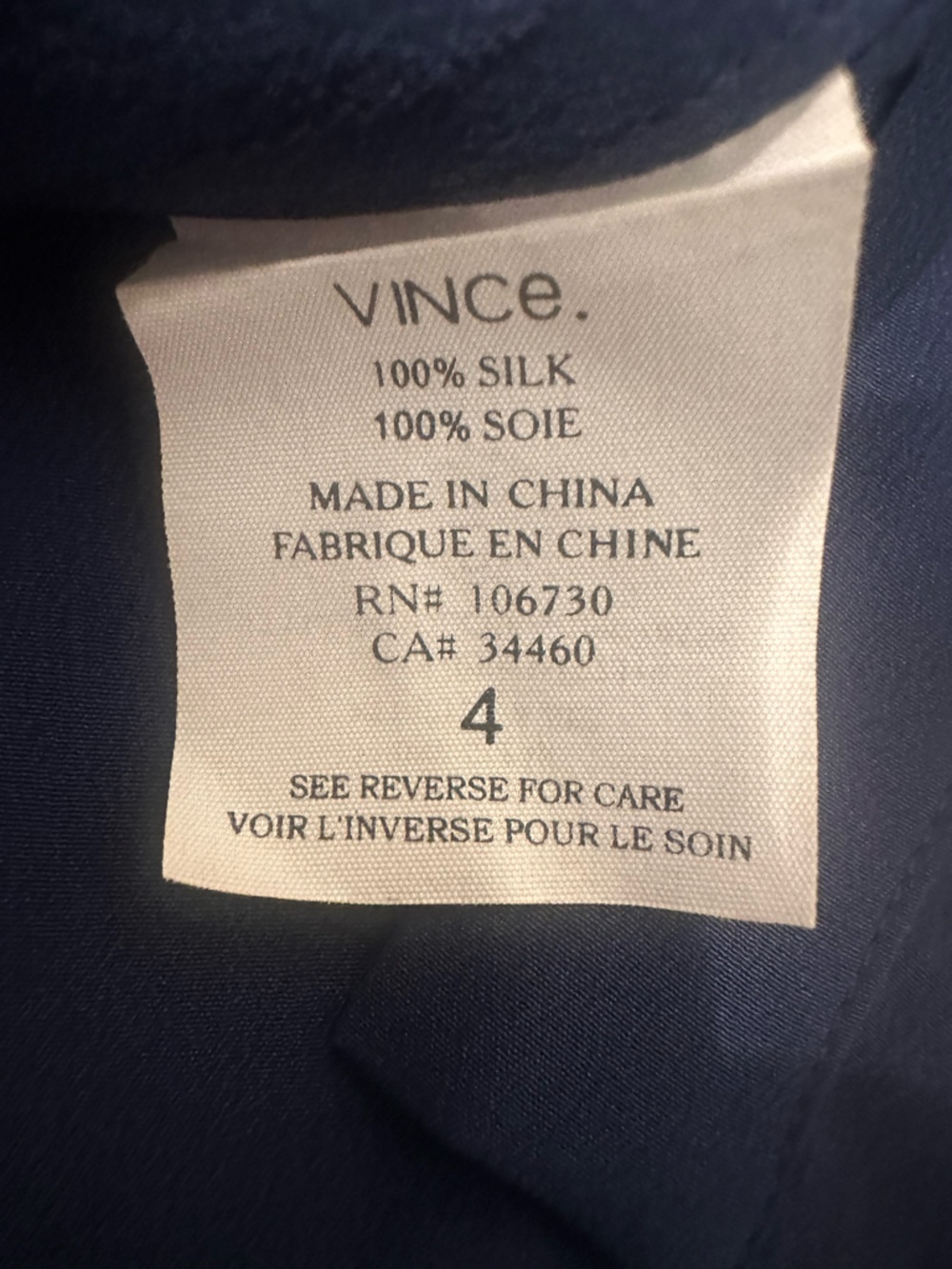 Vince Deep Blue 100% Silk Mandarin Collar Blouse Top Button Down Career Sz 4 - Picture 9 of 10